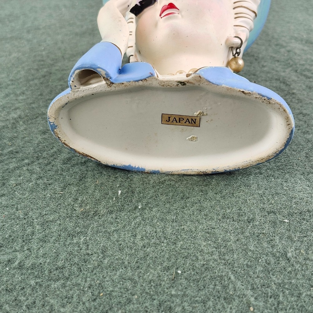 Vintage Japan Tilso Lady Head Vase Faux Necklace Earrings Blue Dress & Hat - Picture 6 of 9